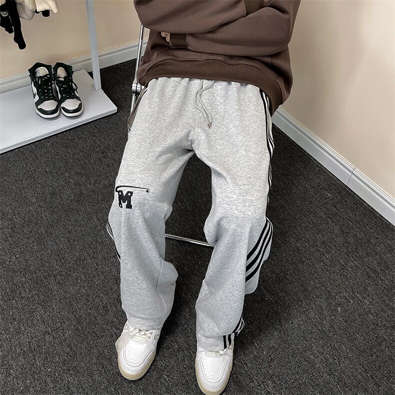 秋季宽松直筒阔腿运动长裤美式复古潮牌条纹拼接卫裤男K7576-P36,男装休闲裤,星座512-3