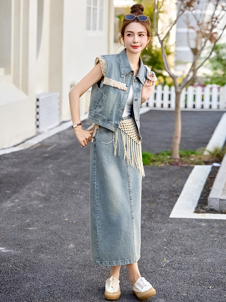 港风炸街牛仔套装裙女夏2025新款牛仔马甲半身裙超好看欧货两件套,女装套装/套裙,艾仟回(原伊仟回)