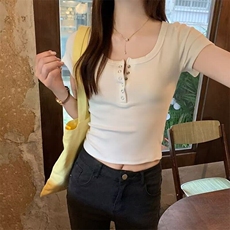 女生紧身辣妹U领正肩短袖T恤女夏季白色排扣设计百搭短款显瘦上衣，男装T恤，星座506A