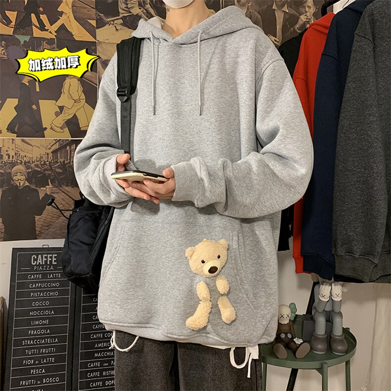 2021冬季新海报港风大码男女送小熊加绒加厚网红连帽卫衣W5205P55图片