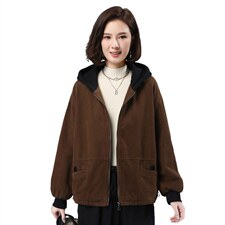2021年冬季拼接连帽加绒外套宽松文艺开衫长袖，女装卫衣/绒衫，叶笙衣