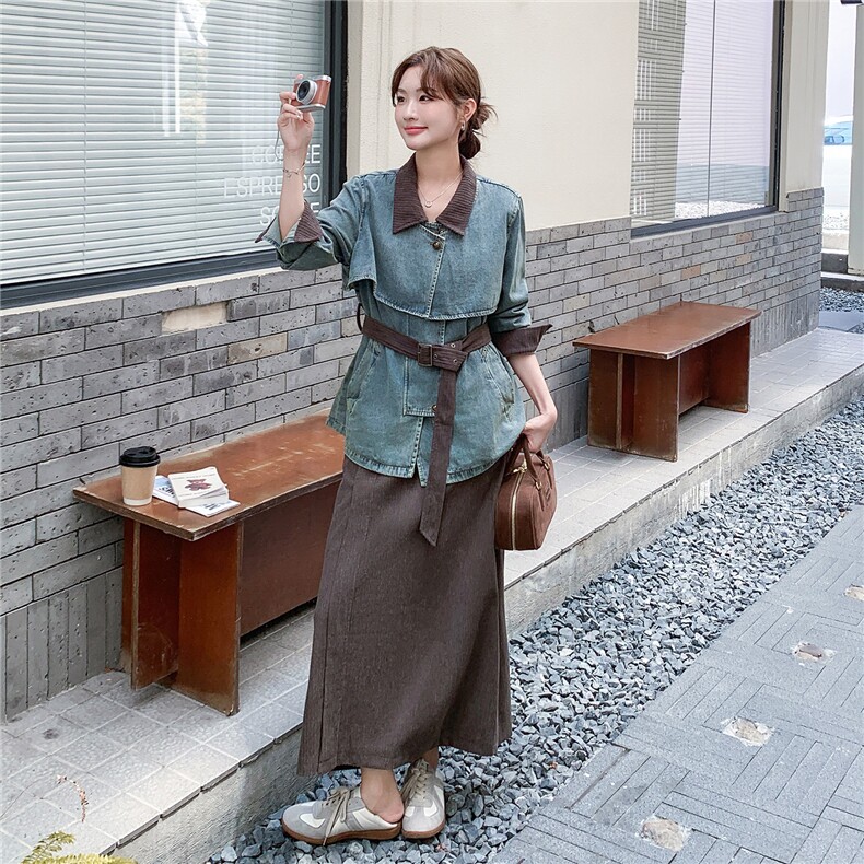 现货2D078-T1957-P195K278灯芯绒拼接牛仔上衣+半裙2件套,女装套装/套裙,2D078