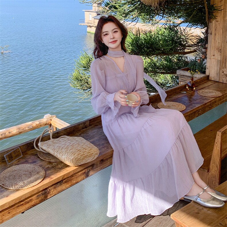 紫色超好看氛围感连衣裙女2025夏季新款法式度假风显瘦高腰长裙子,女装连衣裙,2C108