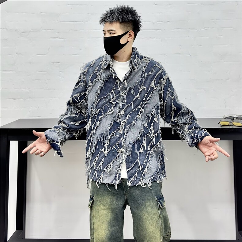 秋季小众毛边流苏设计感时尚牛仔夹克男炸街网红高级感短款外套潮图片
