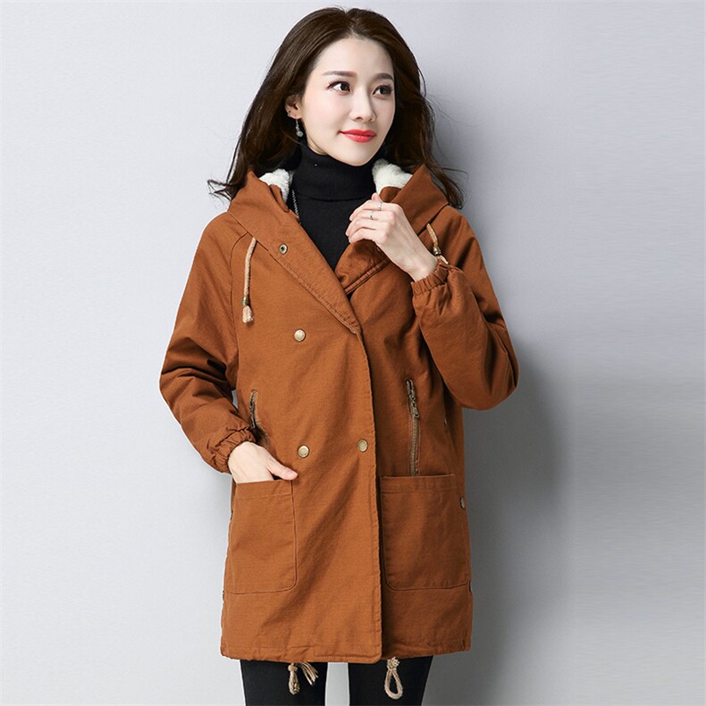 棉字母纯色连帽棉衣/棉服短外套拉链2020年冬季长袖开衫加厚中长款宽松口袋，女装棉衣/棉服，独衣靓