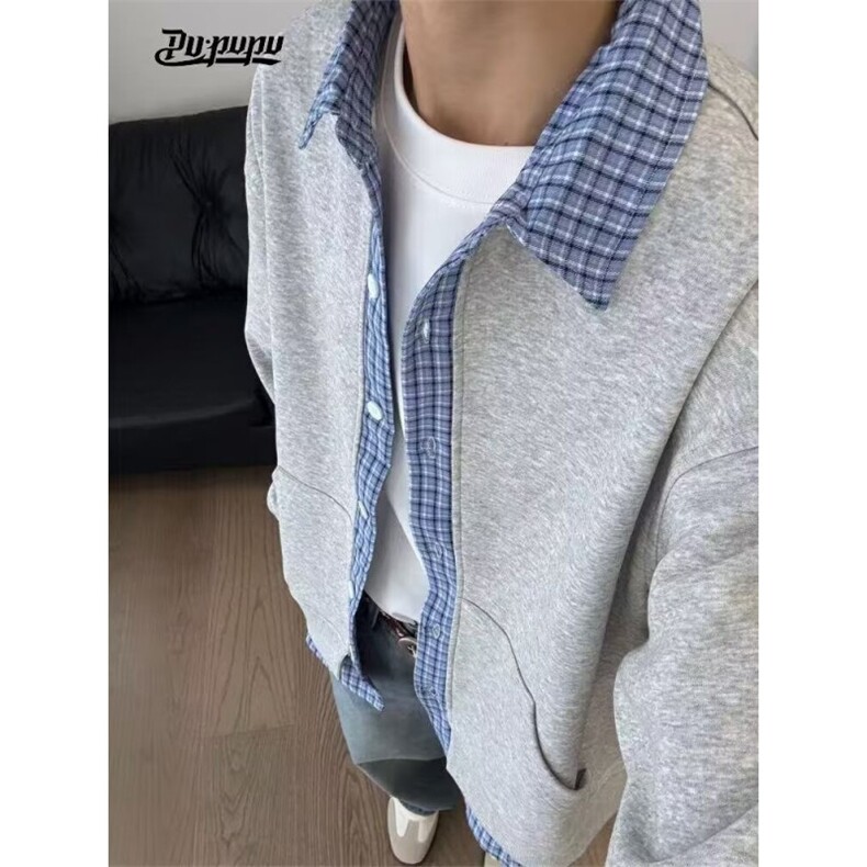 美式重磅灰色空气层棒球服外套男春季简约宽松百搭开衫夹克图片