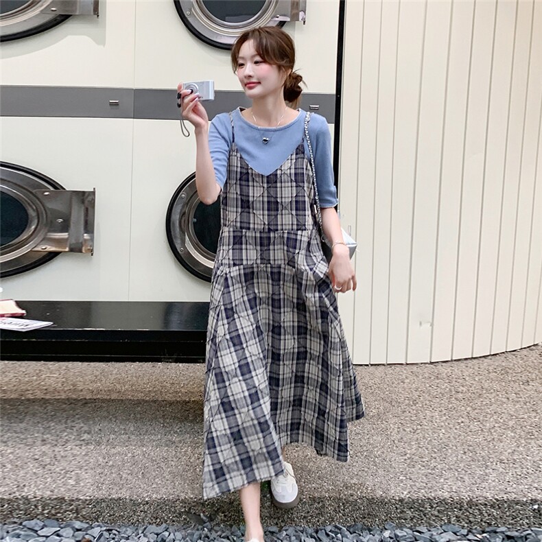 温柔风格纹吊带连衣裙女夏2025新款学院风减龄法式超好看休闲长裙,女装连衣裙,2C271
