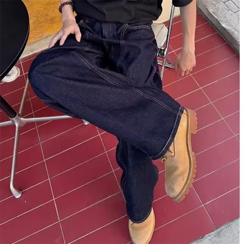 美式复古丹宁蓝阔腿弯刀牛仔裤男解构宽松直筒宽松休闲长裤子潮牌,男装牛仔裤,星座506A