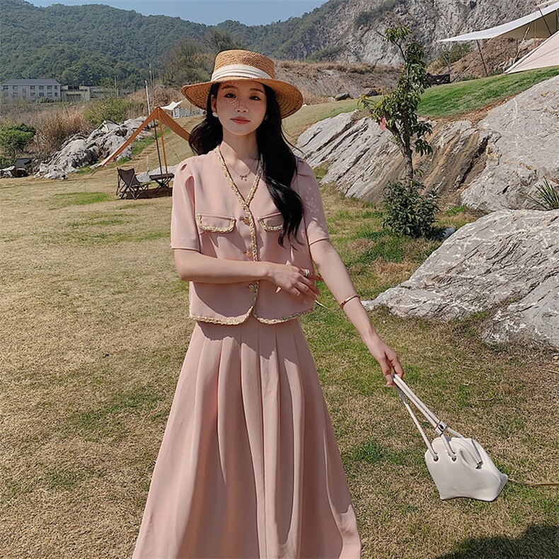 粉色小香风上衣半身裙套装女2023夏季法式温柔风别致高级感套装裙,女装套装/套裙,2C088