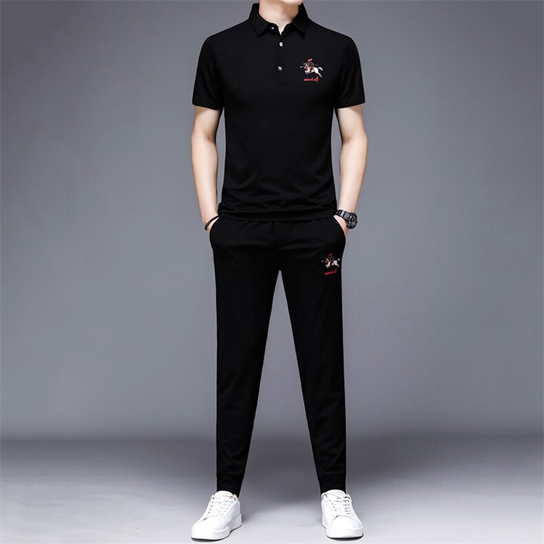 上衣裤子短袖纯色2023年翻领休闲夏季中年套装时尚HP516，男装休闲套装，电商B212（原钱塘6029）