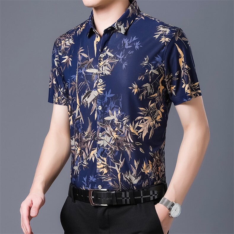 正品高端男士印花款短袖衬衫夏季中年商务休闲免烫衬衣男装,男装衬衫,电商B212（原钱塘6029）