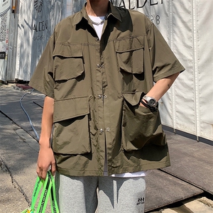 衬衫男短袖韩版潮流多口袋痞子帅气2023夏季新款ins外套CY240-P38,女生帽子搭配图片帅气图片