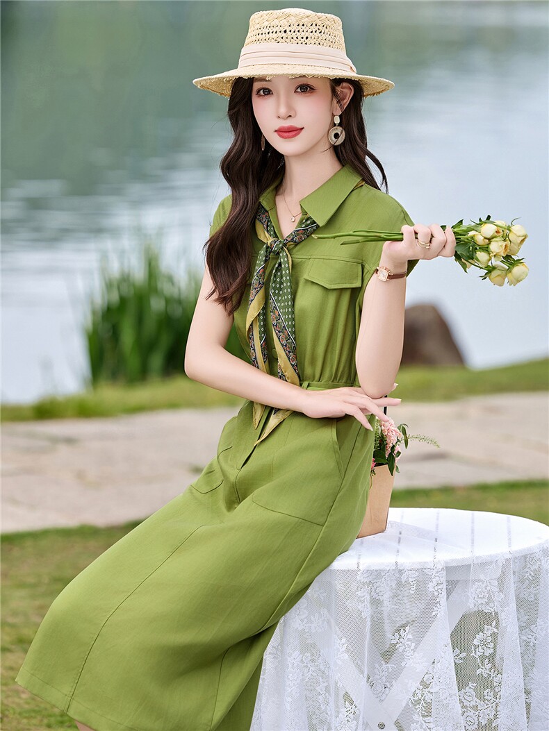 DLM8665天丝亚麻巨好看工装斜纹中长款连衣裙夏季新款修身显瘦裙,女装连衣裙,朵莱米