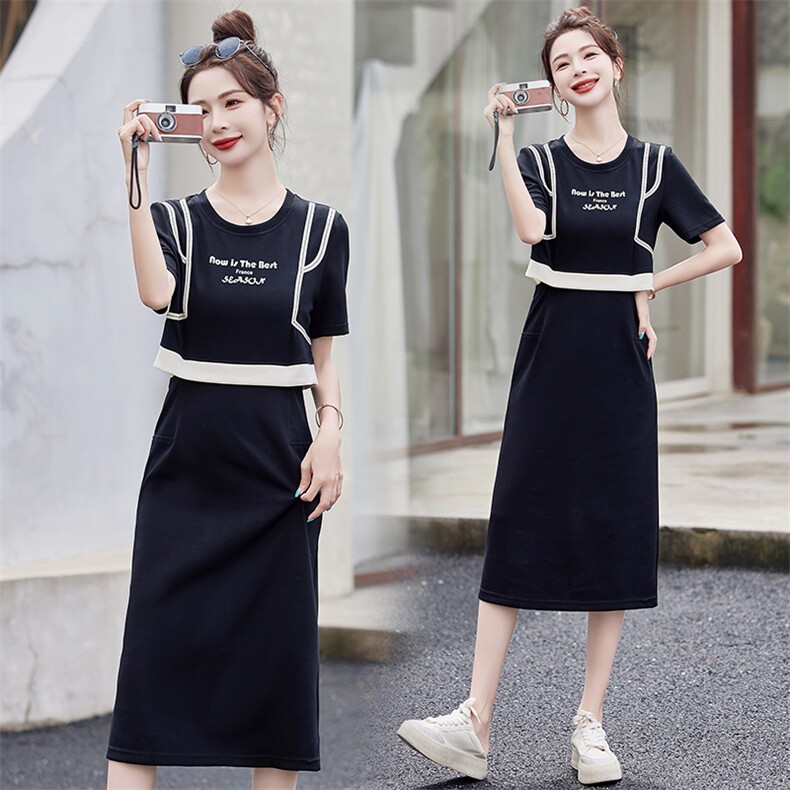 小馨家【新品】气质优雅韩版时尚中长款拼色连衣裙,女装连衣裙,尚洛菲