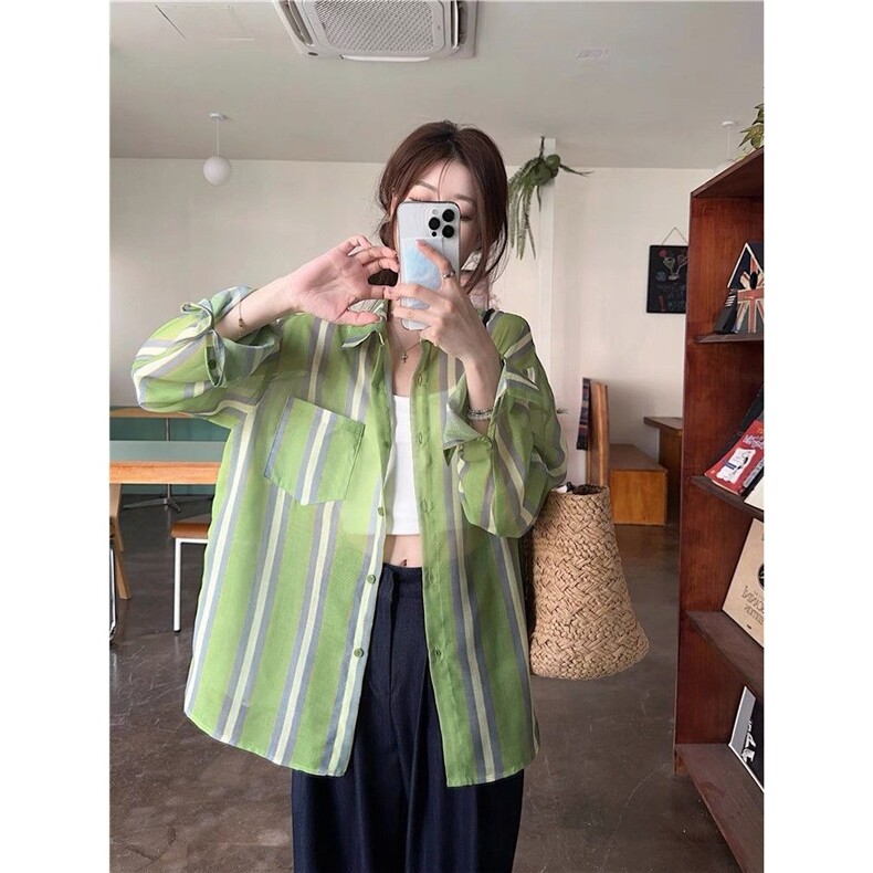 撞色条纹防晒衬衫女春夏薄款宽松显瘦百搭长袖上衣CA102-P37,男装防晒衣,星座208-5