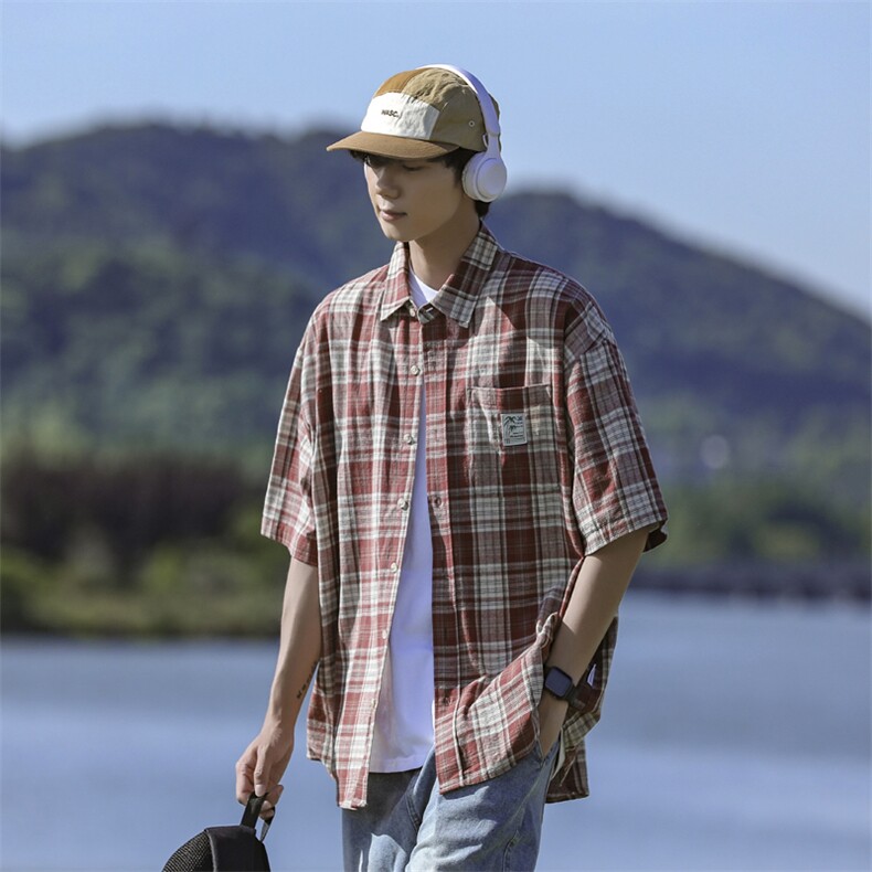 美式复古设计感潮流衬衣夏季新款格子短袖衬衫男现货W8230-P38,男装衬衫,星座512-4