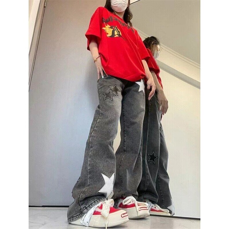 大码胖妹妹高街设计感星星刺绣牛仔裤女春秋新款高腰显瘦阔腿长裤,男装牛仔裤,星座506A