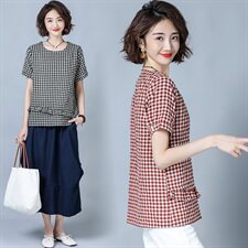 潮流舒适时尚短袖蕾丝衫/雪纺衫2025年夏季格子休闲圆领休闲，女装蕾丝衫/雪纺衫，风姿绰