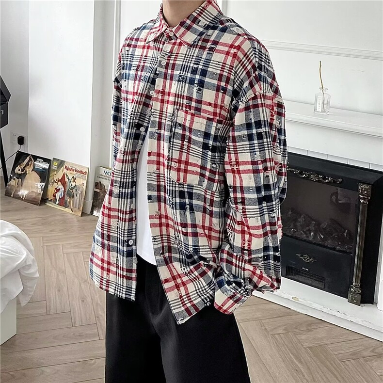 1506/Q30300/P43美式复古设计感拼色条纹长袖衬衫情侣外套男,男装衬衫,星座1506