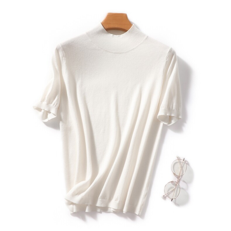 2025春夏新款半高领精纺羊毛衫针织短袖女纯色半袖上衣修身打底衫，女装羊毛衫，东远绒业