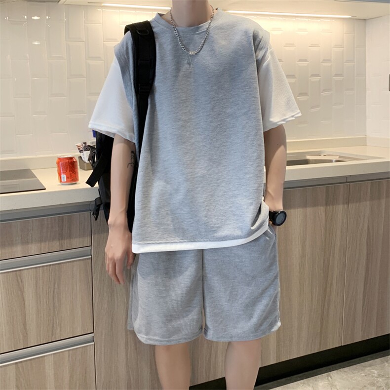 华夫格假两件套装休闲运动短袖短裤两件套潮男搭配衣服T1321-P40,男装T恤,星座512-2