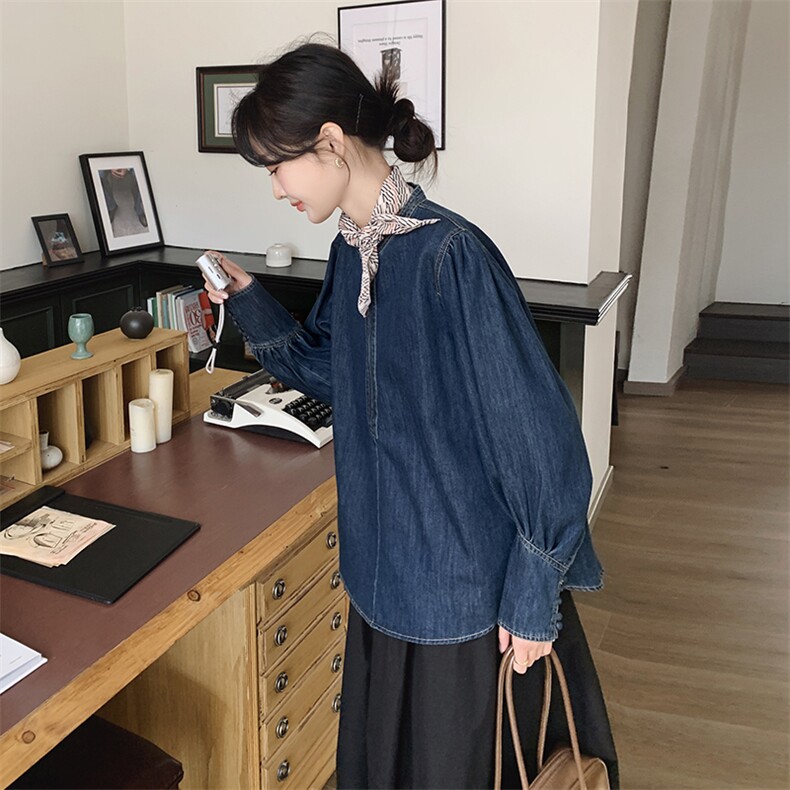 灯笼袖半拉链牛仔外套女春秋2025新款蓝色小个子减龄流行爆款上衣图片