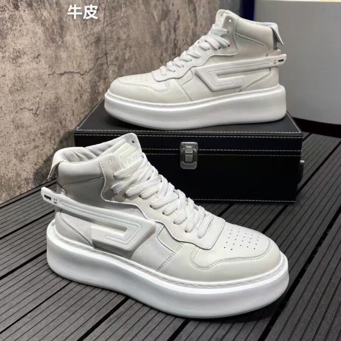 秋冬新款高帮男鞋头层牛皮厚底板鞋男运动休闲鞋，男鞋靴子，星座1407-6