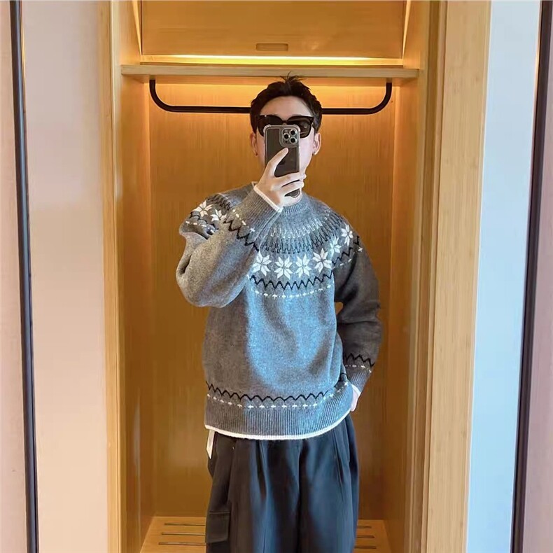 M17-P52复古重磅费尔岛提花圆领针织衫男女宽松情侣休闲打底,男装T恤,电商B323A