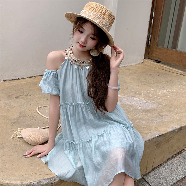 法式绝美超仙露肩连衣裙女2025夏季新款超好看亮片拼接度假风裙子,商品下架区,网红馆