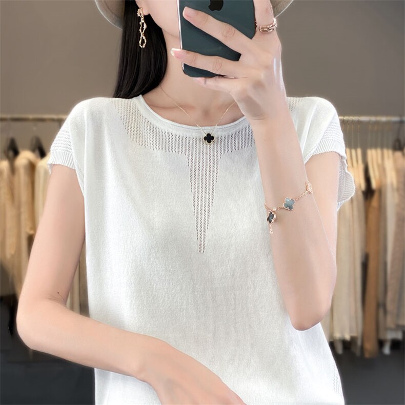 短袖t恤女2024新款中年妈妈大码女装夏季薄款短款冰丝针织上衣,针织衫/毛衣,萱芳婷羊绒