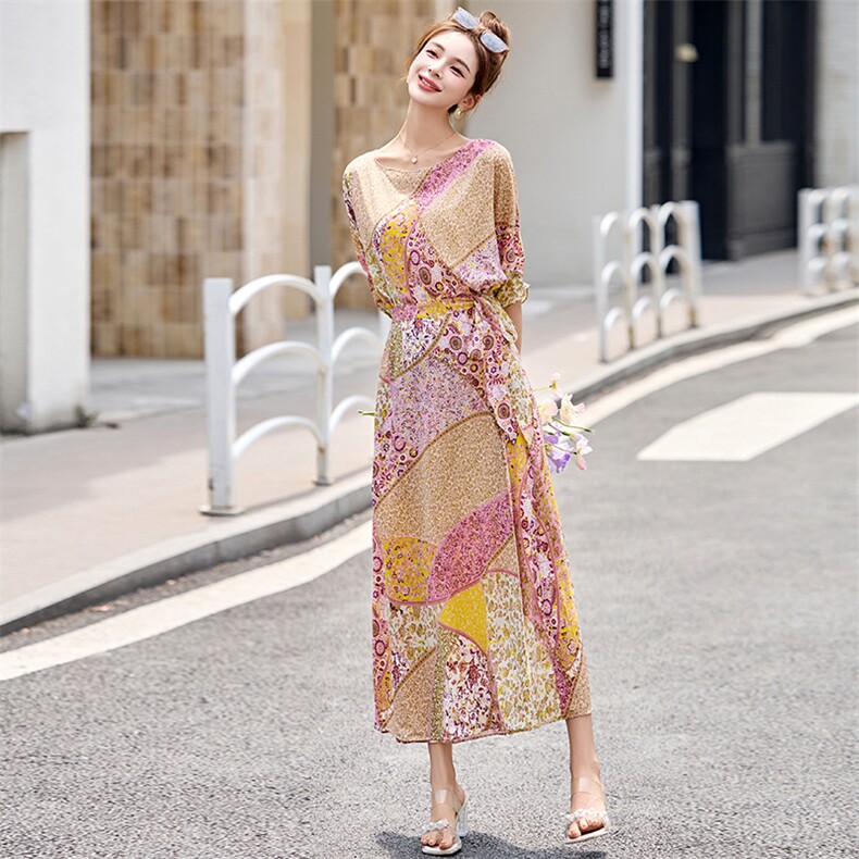 法式印花圆领一片式系带裙女2026夏优雅气质收腰度假连衣裙,女装连衣裙,美沁