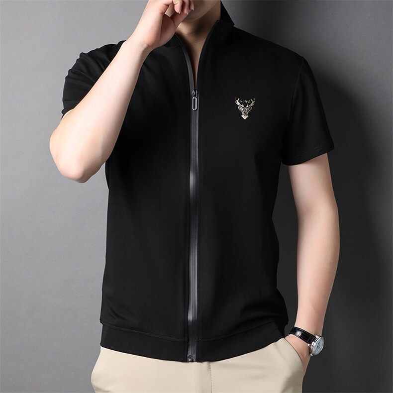 2024夏季立领短袖T恤男青年潮牌帅气全拉链半袖上衣服开衫外套P63,男装T恤,钱塘6003A(原)4033A