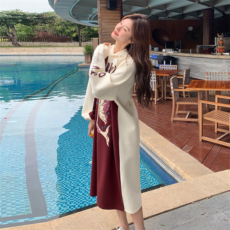 酒红色蝴蝶印花连帽卫衣裙女秋季2025新款慵懒风宽松减龄连衣裙,女装卫衣/绒衫,2C028