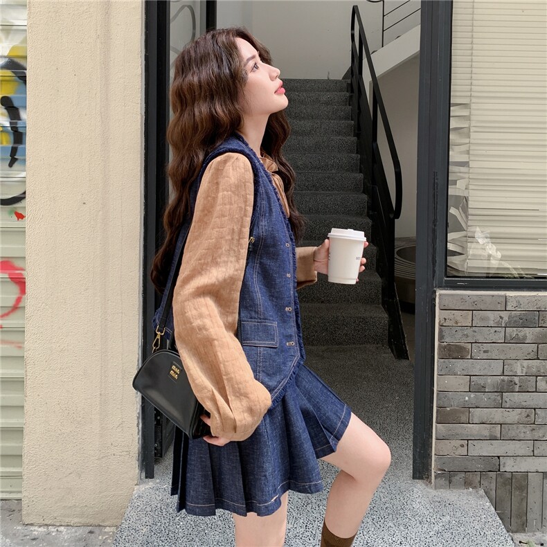 复古设计感牛仔马甲套装女秋季2025新款学院衬衫休闲百褶裙三件套,女装套装/套裙,2C028