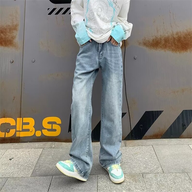 复古  慵懒黄泥染牛仔裤男微喇高街直筒青少年宽松休闲百搭牛仔裤图片