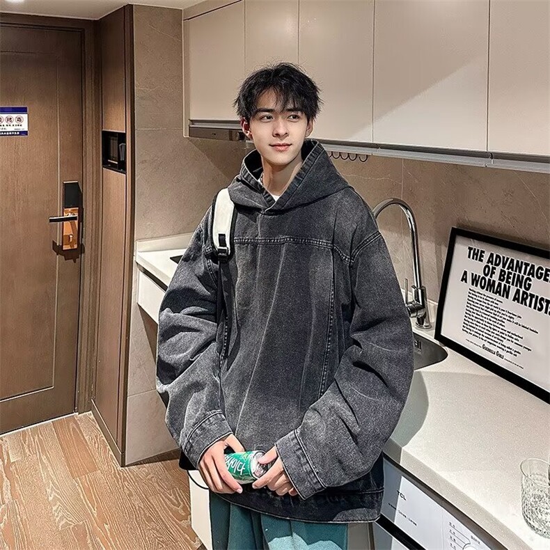 做旧水洗连帽牛仔卫衣男女秋季美式复古街头风宽松情侣外套夹克男,男装工装外套,星座1210-1