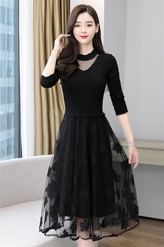 2022春秋季时尚百搭新款连衣裙蕾丝网纱优雅女人中长款女，女装连衣裙，然然