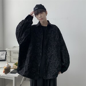 秋季ins浮雕提花设计感男长袖衬衫潮流宽松休闲纯色衬衣CS43-P40图片