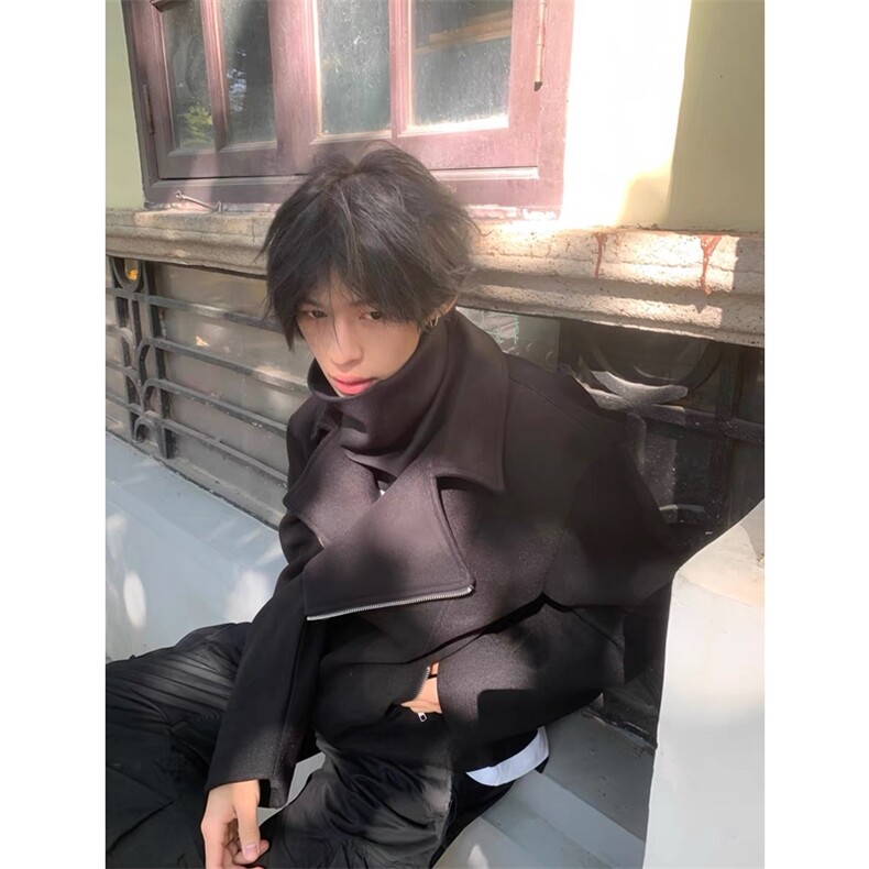 斜拉链解构设计感夹克短款黑色毛呢翻领外套DY193-P90图片