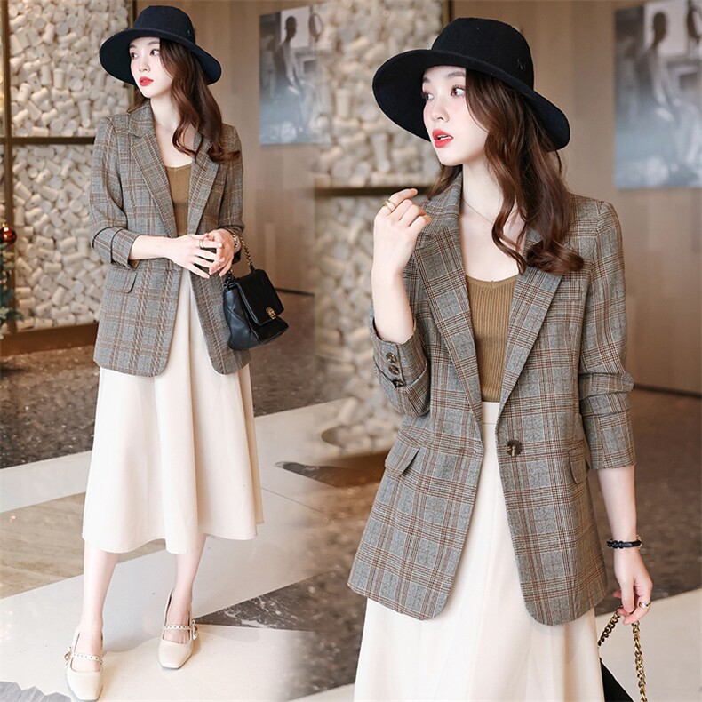 千鸟子格西装女外套2025年新款早秋气质长袖小个子格子春秋西服，女装西装，鑫源服饰