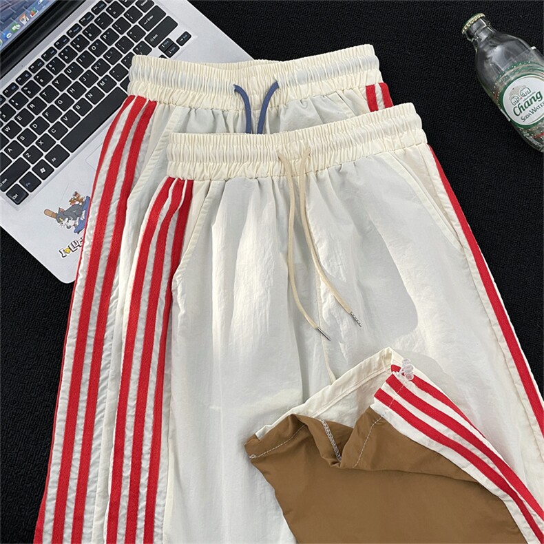高品质夏款男冰丝褶皱三条杠条纹拼色直筒抽绳冲锋长裤h605P40,男装休闲裤,星座1013-1