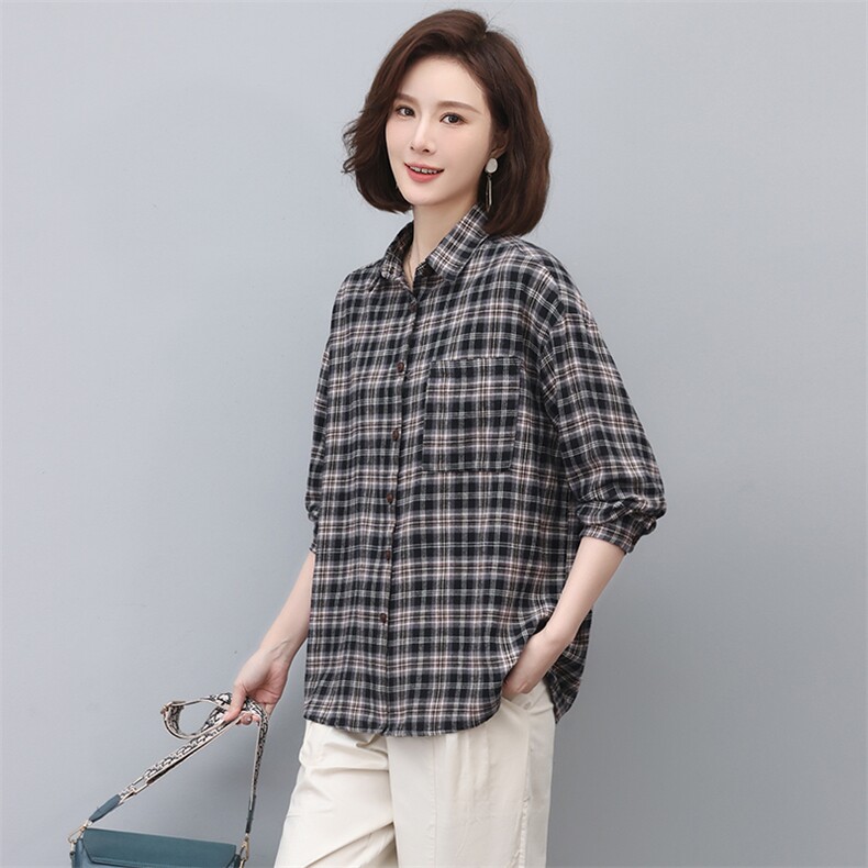 格子衬衫女长袖2025新款春秋衬衣春款漂亮小衫妈妈上衣,女装衬衫,忆绮罗