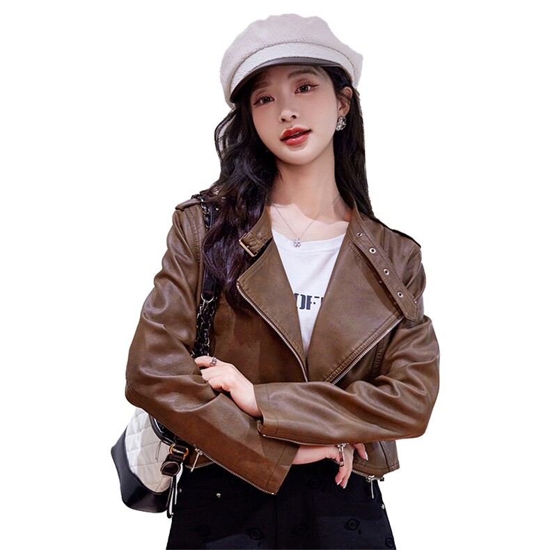 春装现货】美拉德网红风格皮衣小个子减龄外套2024年春季,女装皮衣,韩蜜菓