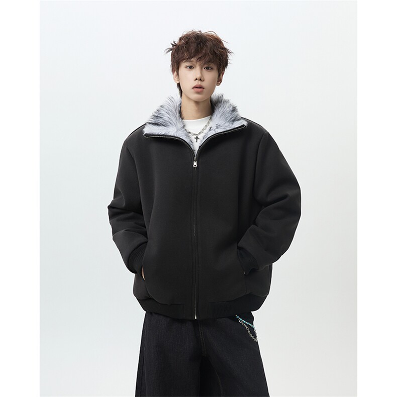座山雕加绒棉服双面穿外套立领棉衣毛绒夹克毛呢大衣-M8717P148,男装夹克,电商B289