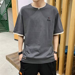 夏季男士宽松短袖T恤打底衫纯棉潮流半袖假两件体恤DS731T图片