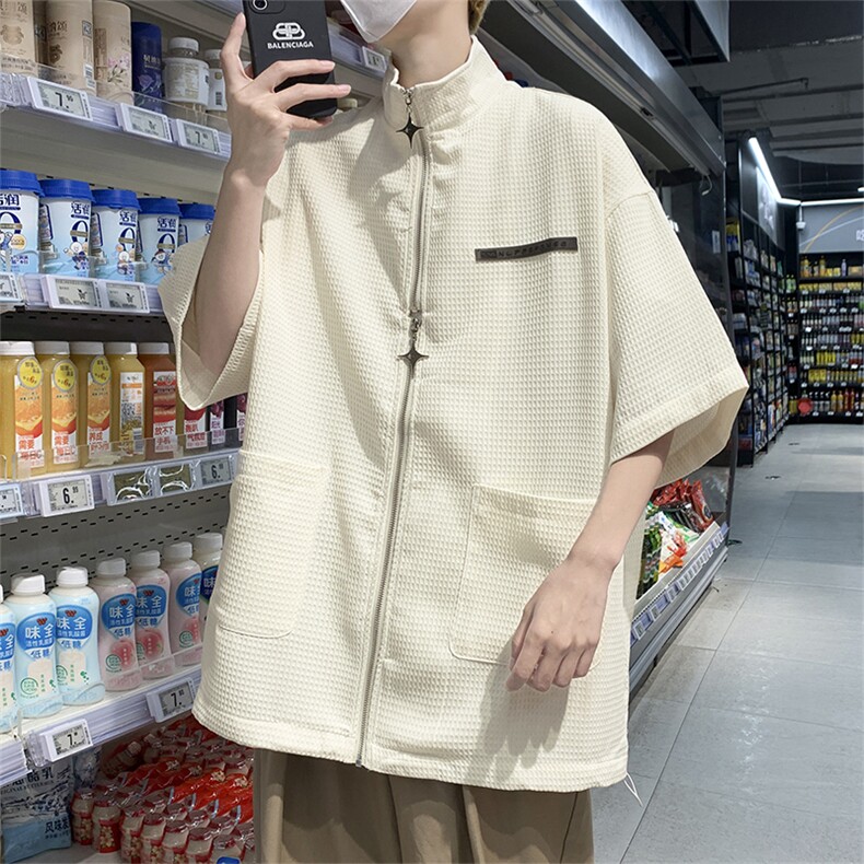 夏季短袖翻领衬衫男美式复古衬衣华夫格双拉链衬衫CS01270-P45,男装衬衫,星座308B-1