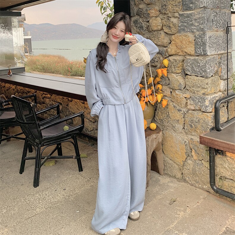 蓝色休闲套装女2025春季新款韩系甜美减龄木耳边外套阔腿裤两件套,女装套装/套裙,2C301