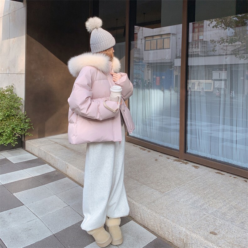 狐狸毛领粉色连帽短款羽绒服女冬季超火好看高级小众加厚保暖外套,女装羽绒服,2C016