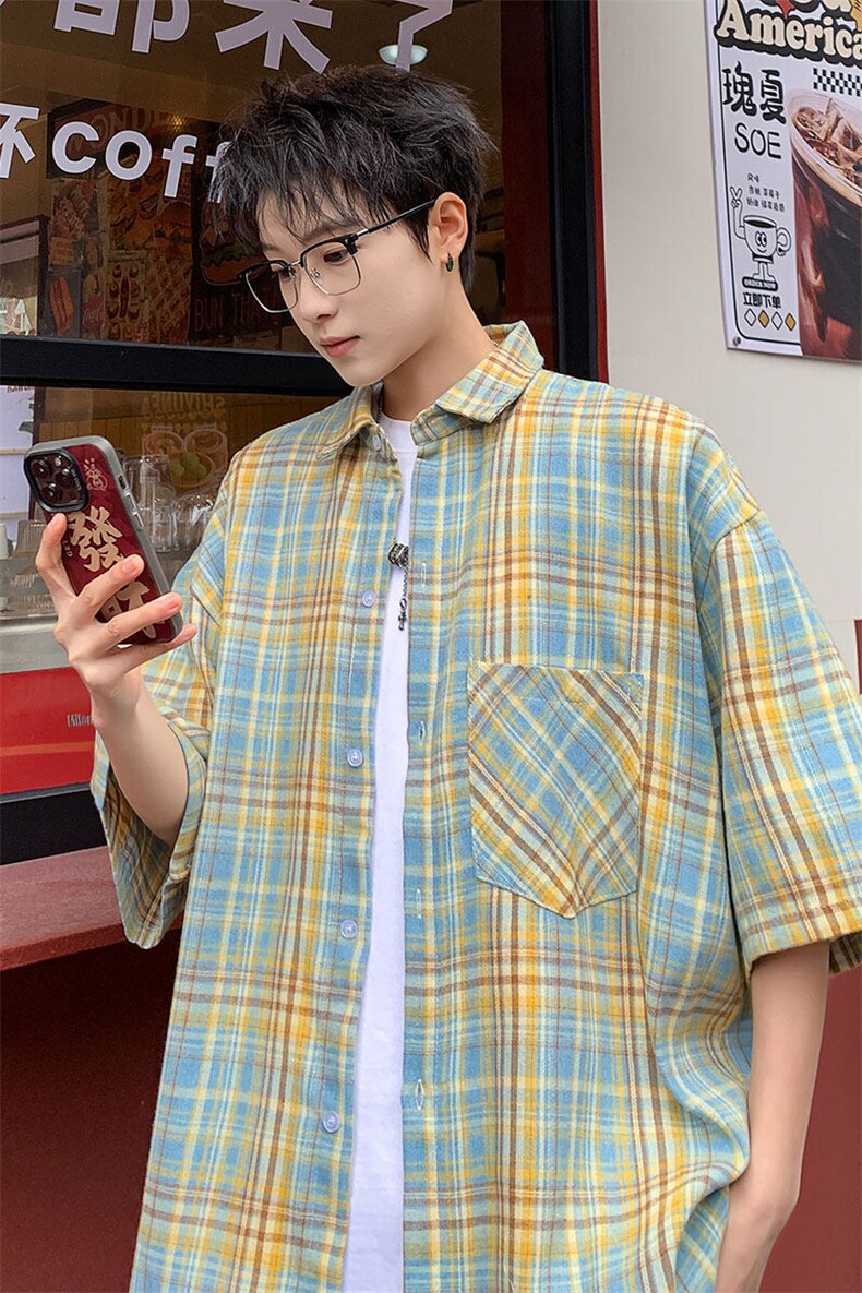 短袖衬衫男夏季新款磨毛格子衬衣DX711-特批25无差价,男装T恤,星座214-3