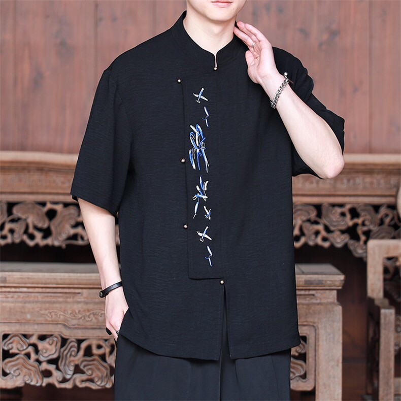 夏季新款现货高级感天丝垂坠感中式立领绣花衬衫T2523-P65,男装衬衫,电商A021